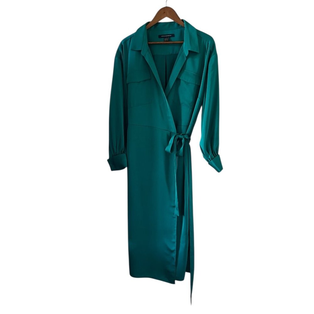 French Connection Harlow Satin Wrap Dress In Teal Green Size XL